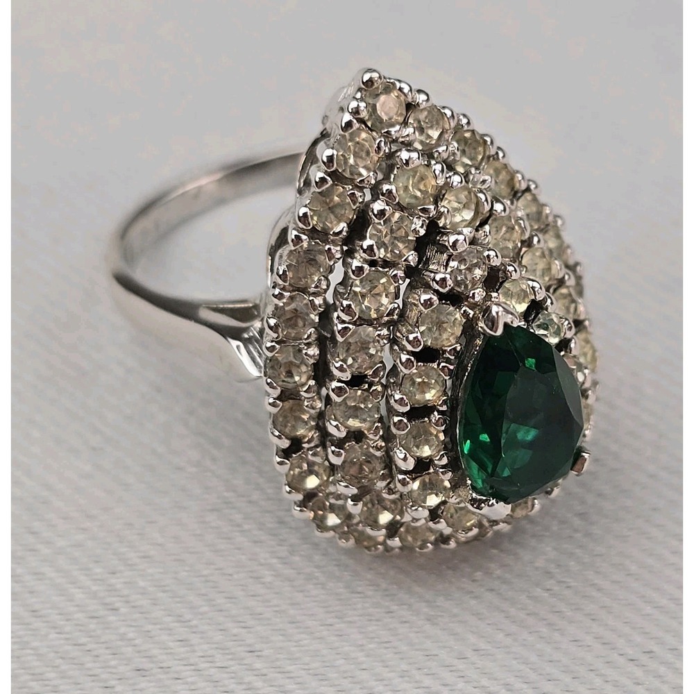 Vintage Panetta Sterling Silver Green Rhinestone Cocktail Ring Size 8 Signed - Picture 5 of 10